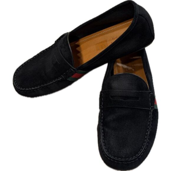 Gucci Black Suede Web Stripe Penny Loafers – Style 566294 - Picture 3 of 7